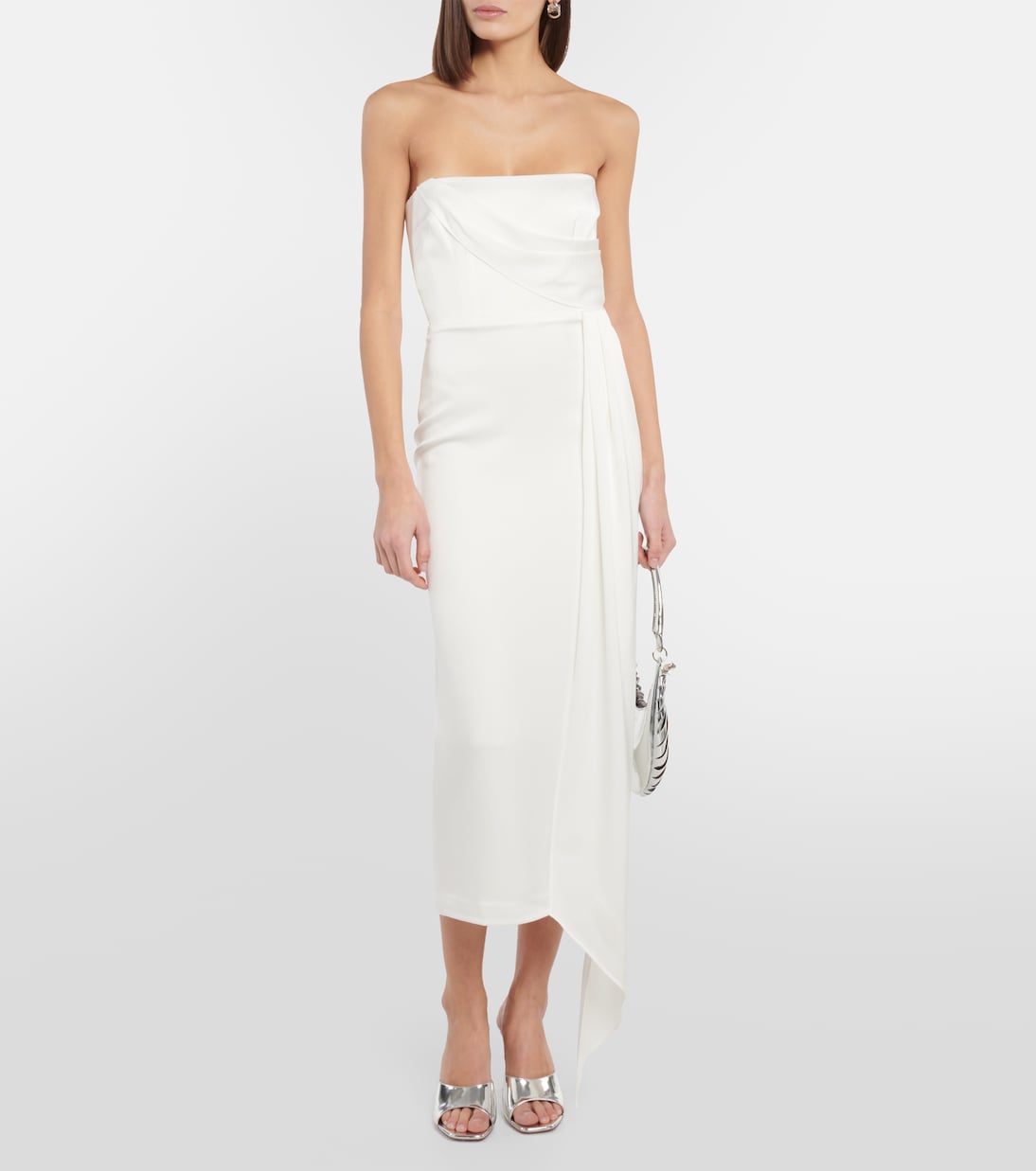 Alex Perry Draped Strapless Crepe Midi Dress, White