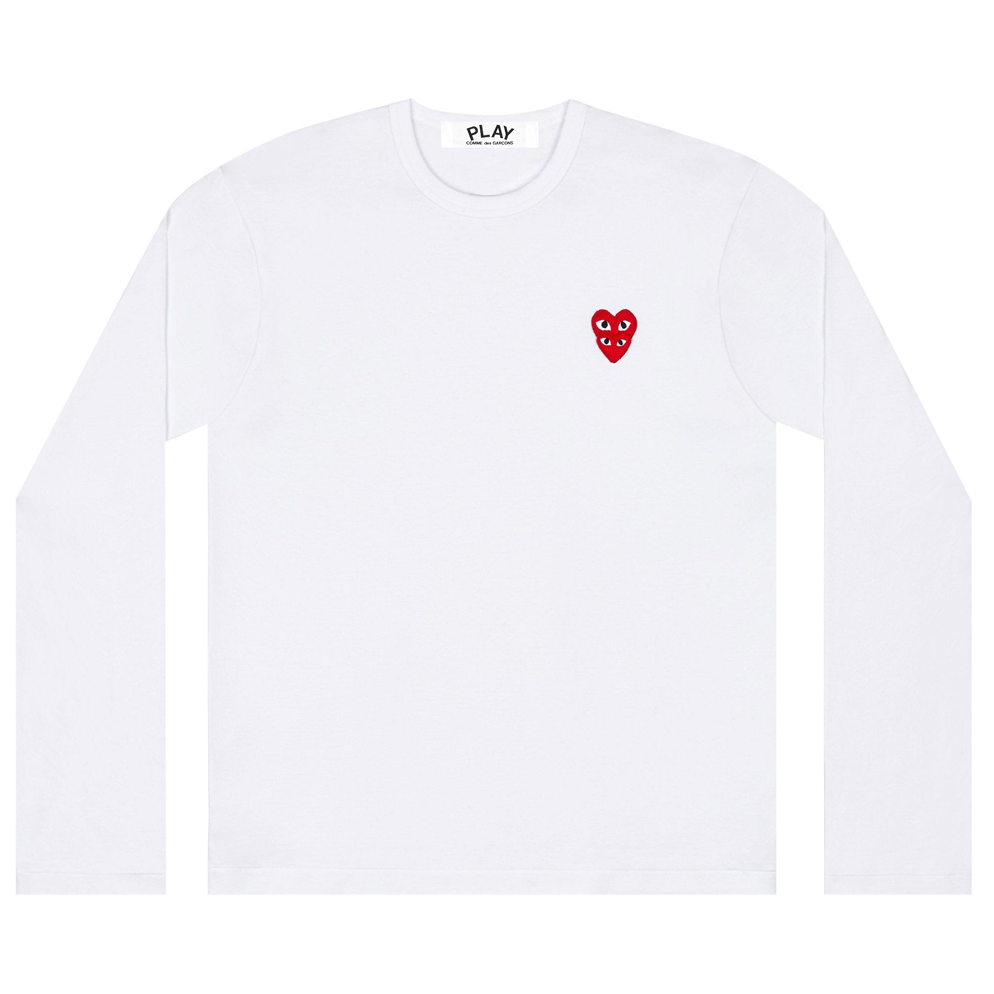 تي شيرت Comme des Garçons PLAY Double Heart بأكمام طويلة، باللون الأبيض