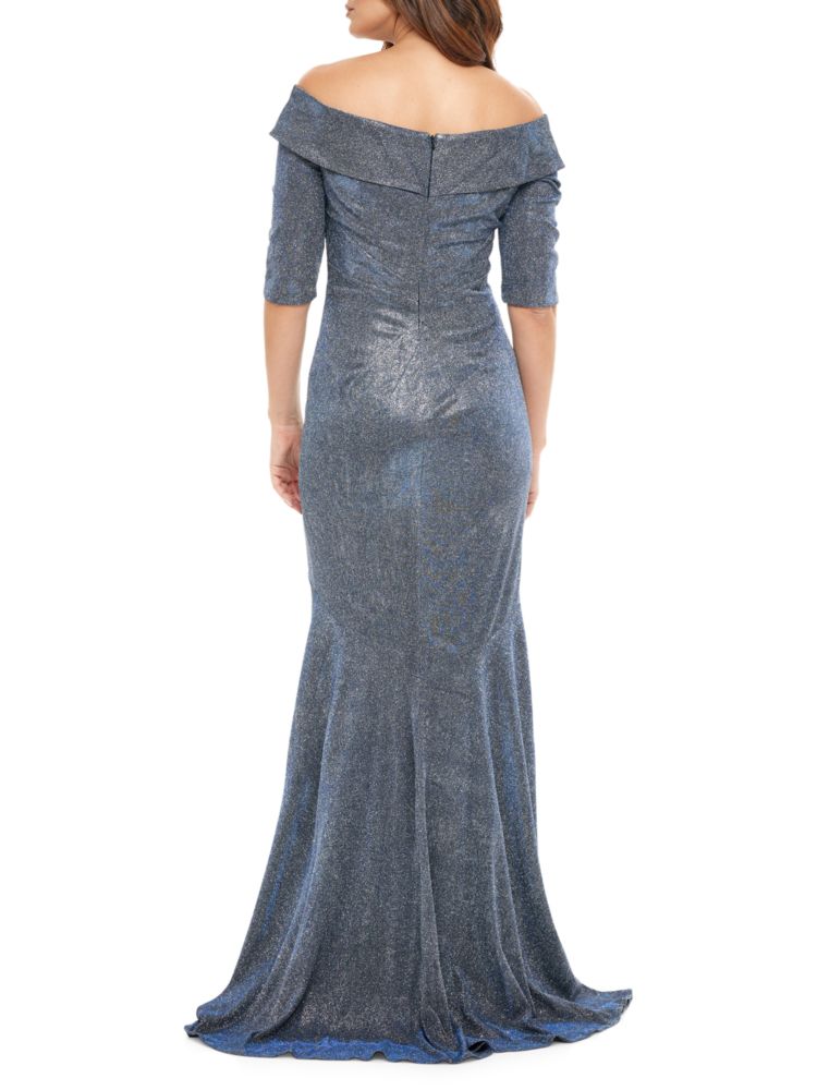 Rene Ruiz Collection Metallic Knitted Off Shoulder Mermaid Dress Metallic Blue color