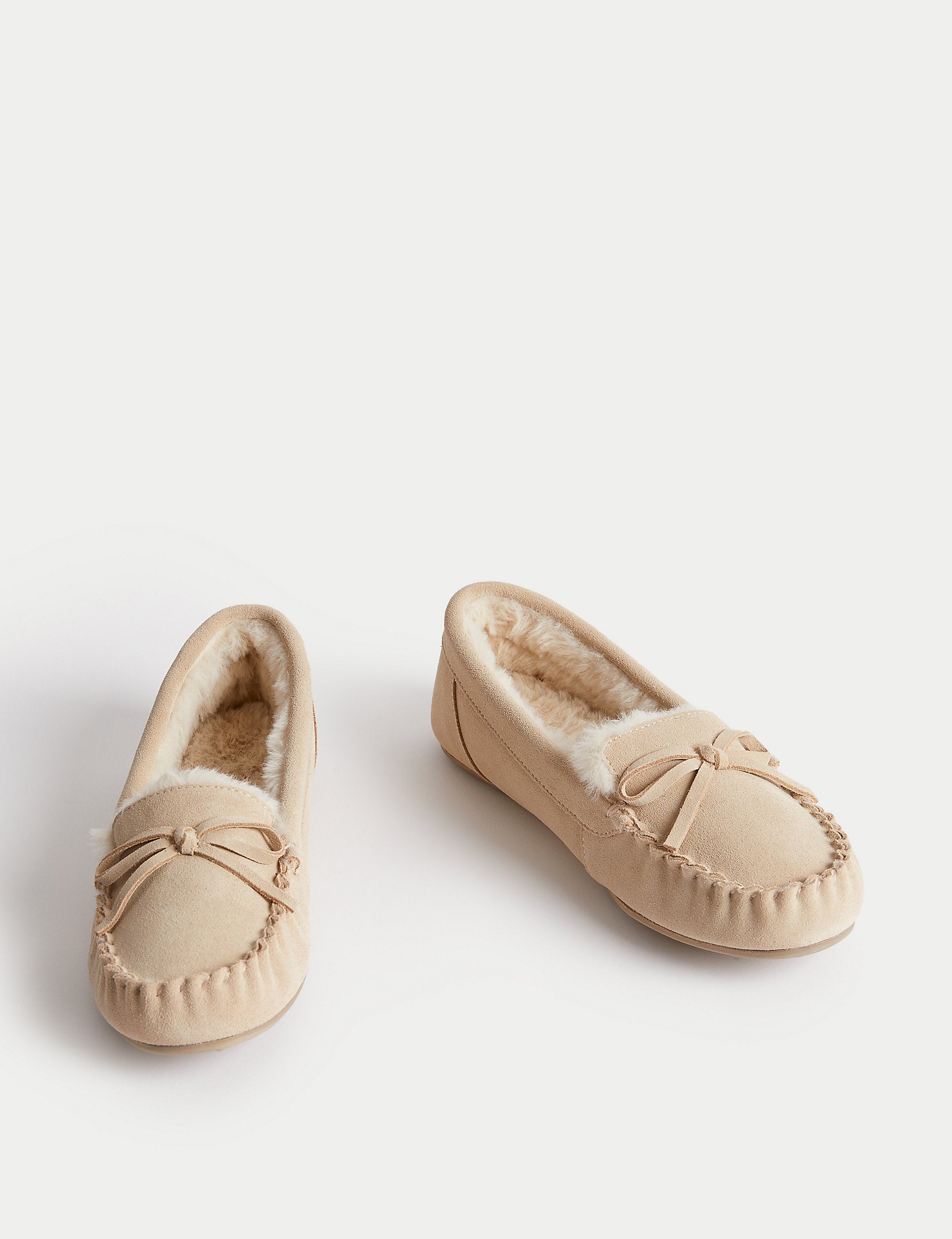 Marks & Spencer Suede Moccasin Slippers with Faux Fur Lining and Bow