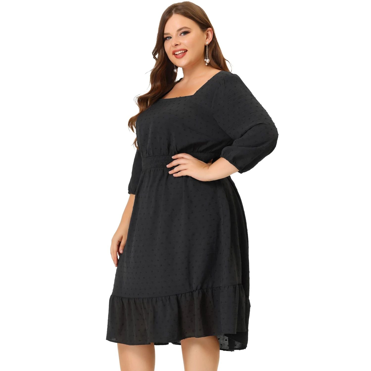 Agnes Orinda Women's Plus Size Smocked Waist 3/4 Sleeve Midi Dress in Swiss Polka Dots ,  black