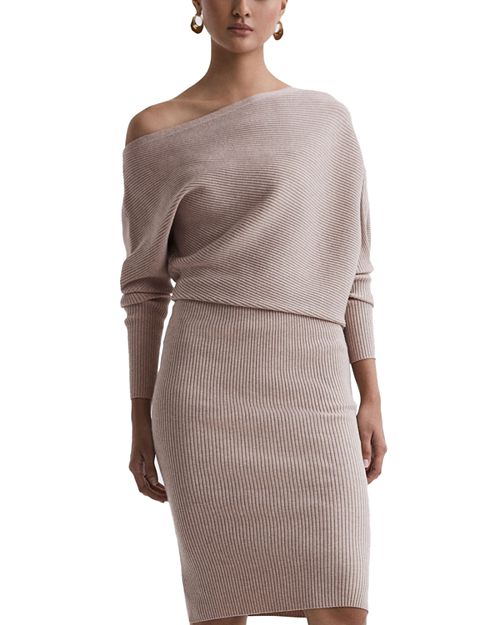 Lara Knitted Bodycon Dress with REISS Draping, Tan/Beige