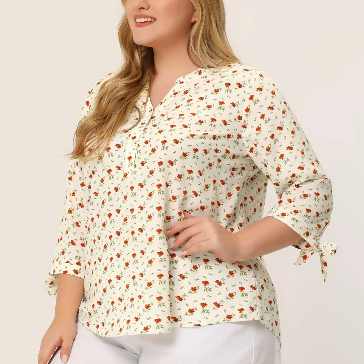 Agnes Orinda Women's Plus Size V-Neck Floral Button Down Tunic with 3/4 Sleeves