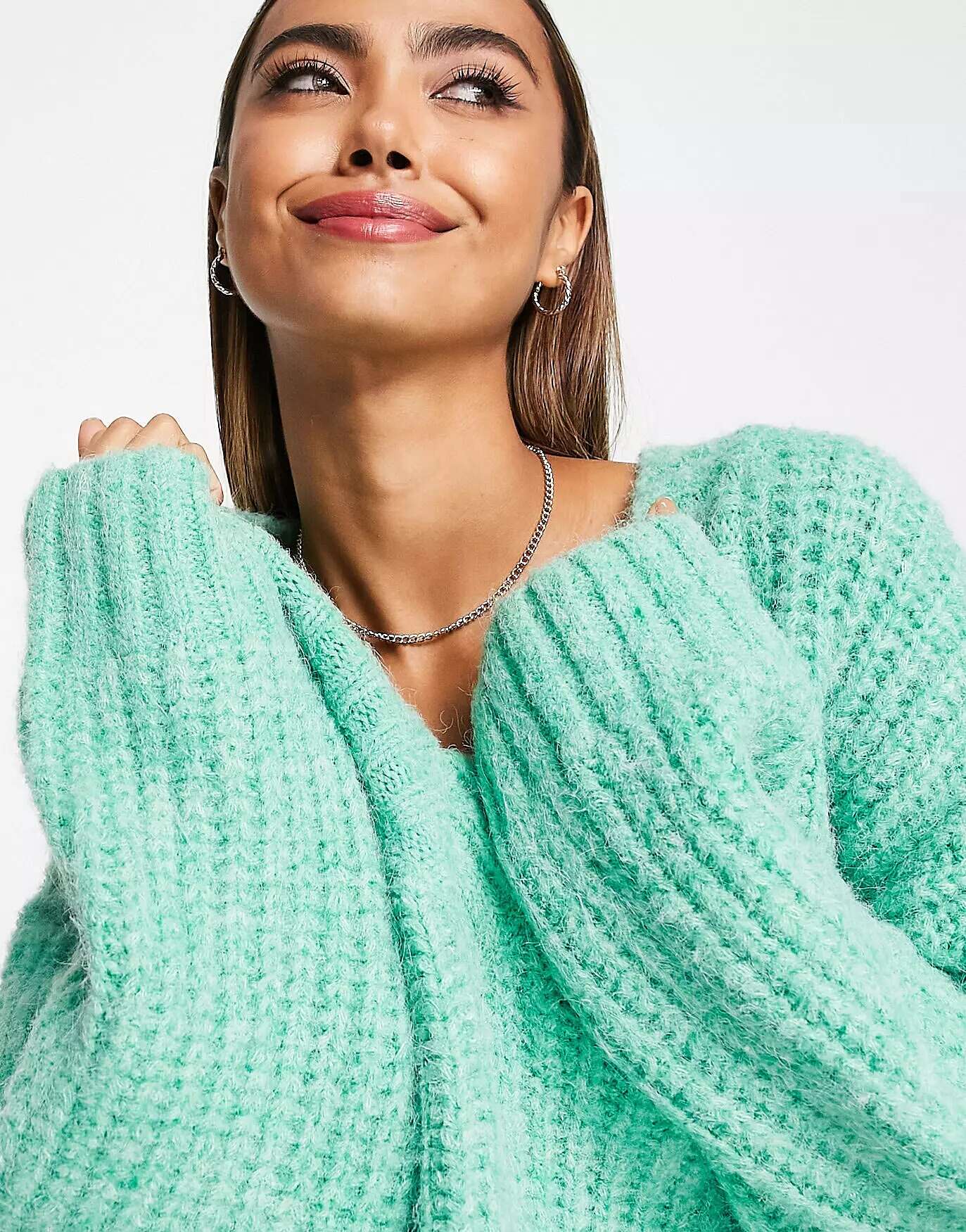 ASOS Premium Oversized V-Neck Sweater in Green Fluffy Yarn