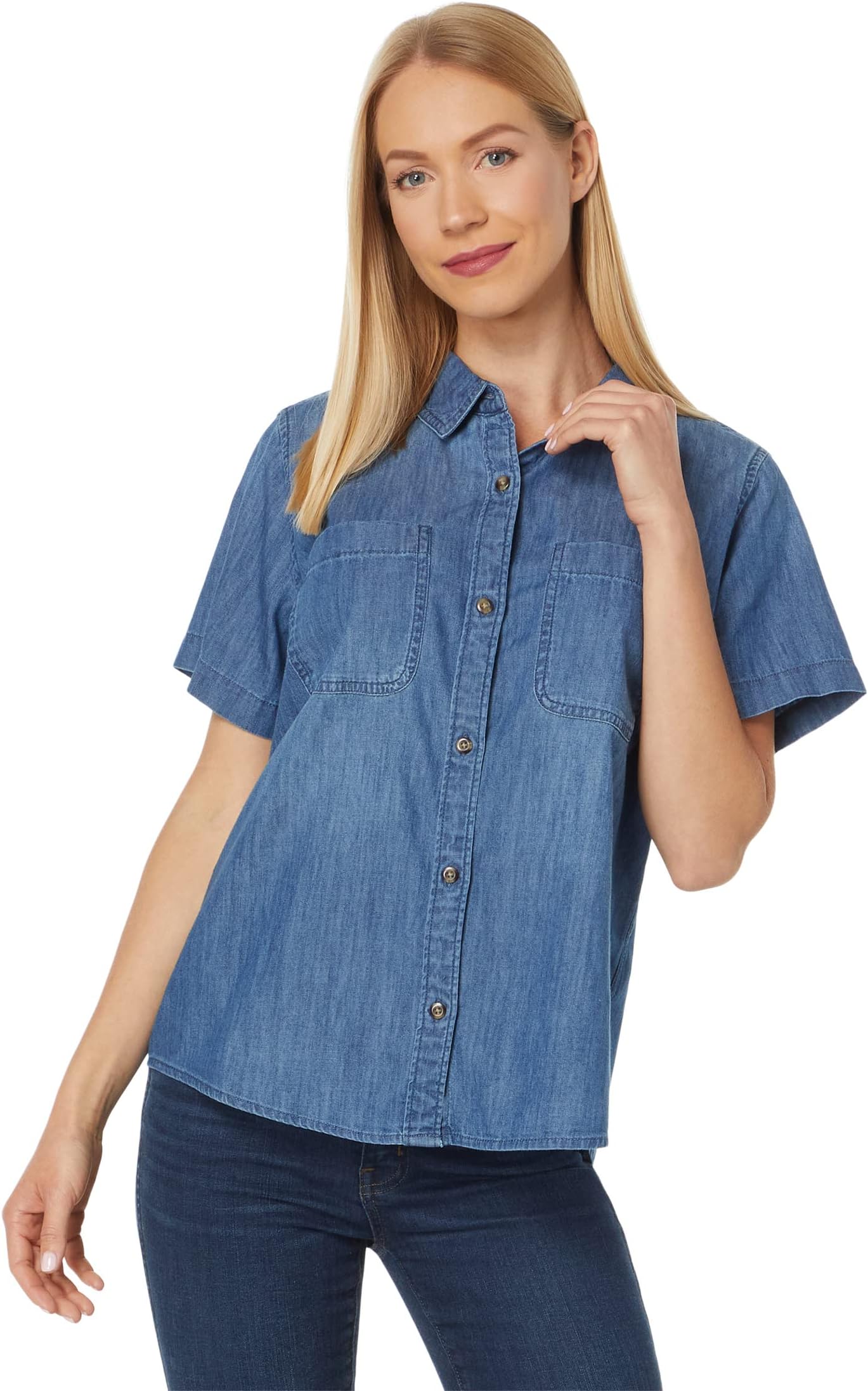 Lightweight Heritage Short Sleeve Lean Denim Shirt in Medium Indigo