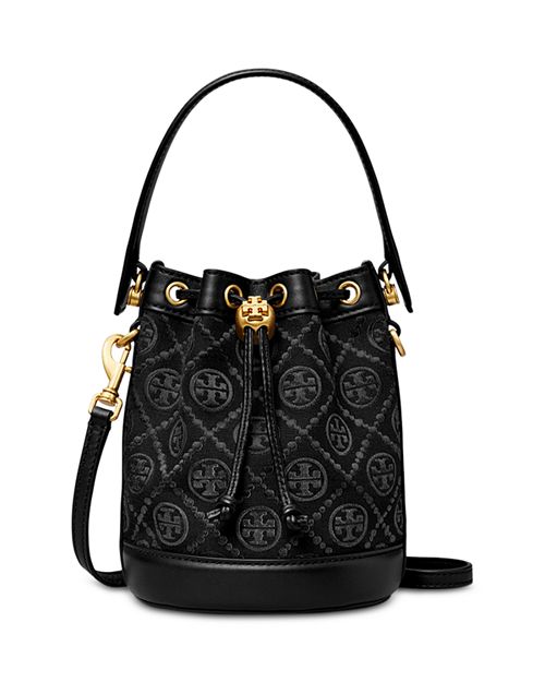 Tory Burch Mini Jacquard Monogram Bucket Bag in Black