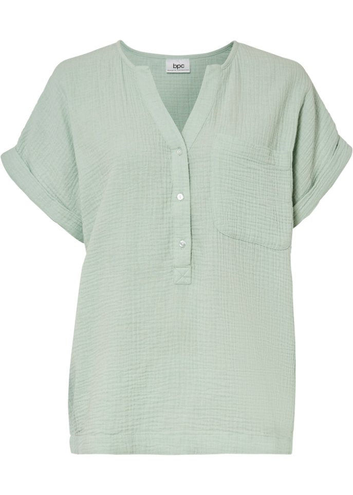 Muslin blouse with button placket and pocket Bpc Bonprix Collection, green