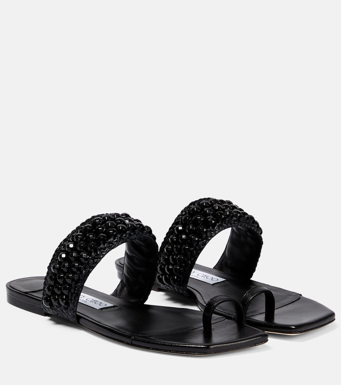 Amoure Flat Raffia Sandal with Jimmy Choo Embellishment, Black