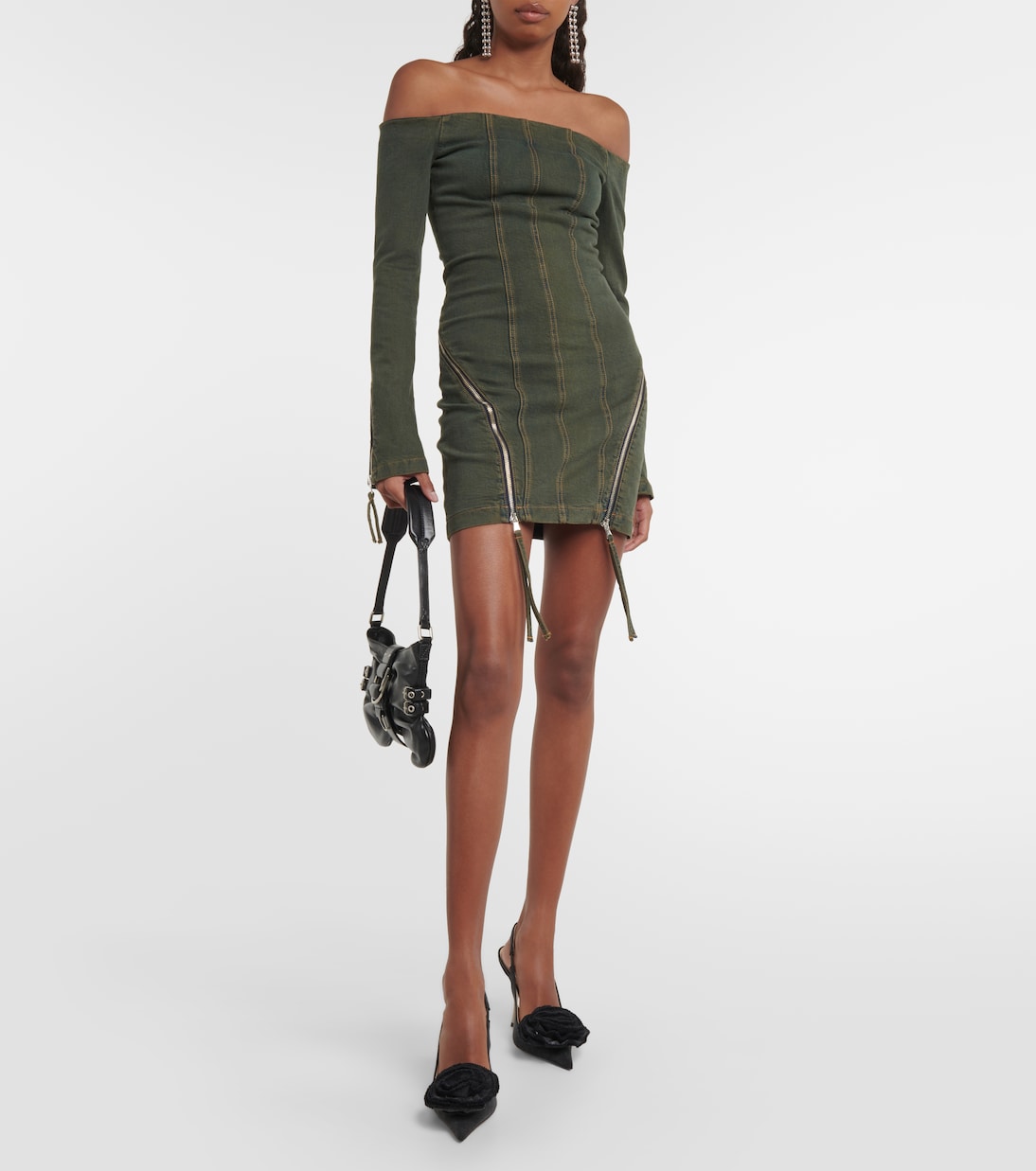 Blumarine Off Shoulder Denim Mini Dress, Green