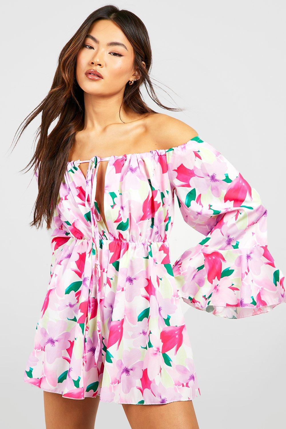 Boohoo Floral Off Shoulder Jumpsuit, White