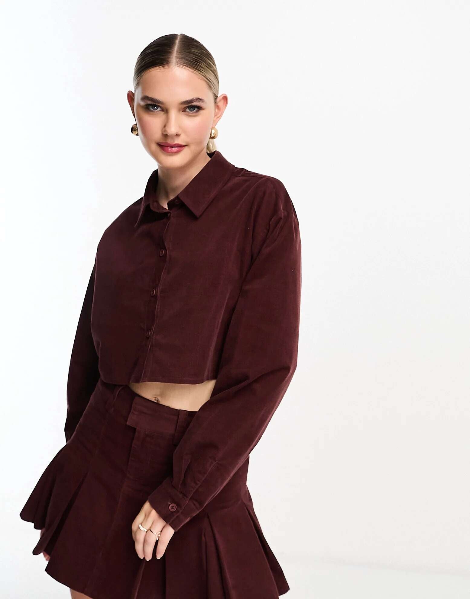 ASOS cropped corduroy shirt in burgundy