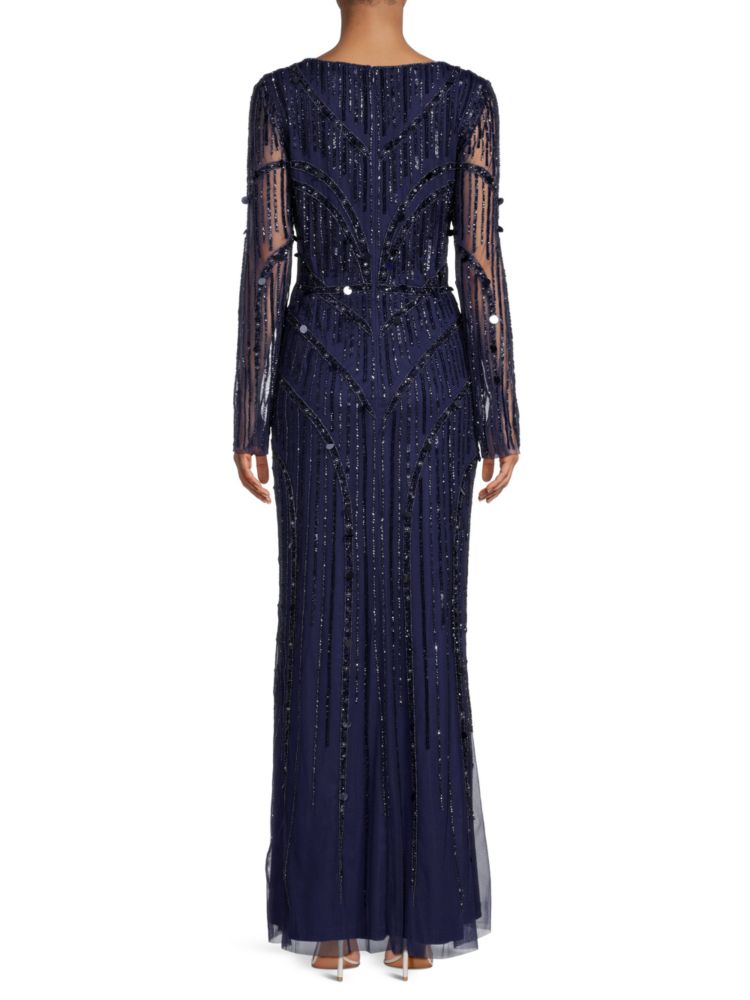 Aidan Mattox Long Sleeve Beaded Mermaid Dress, Navy