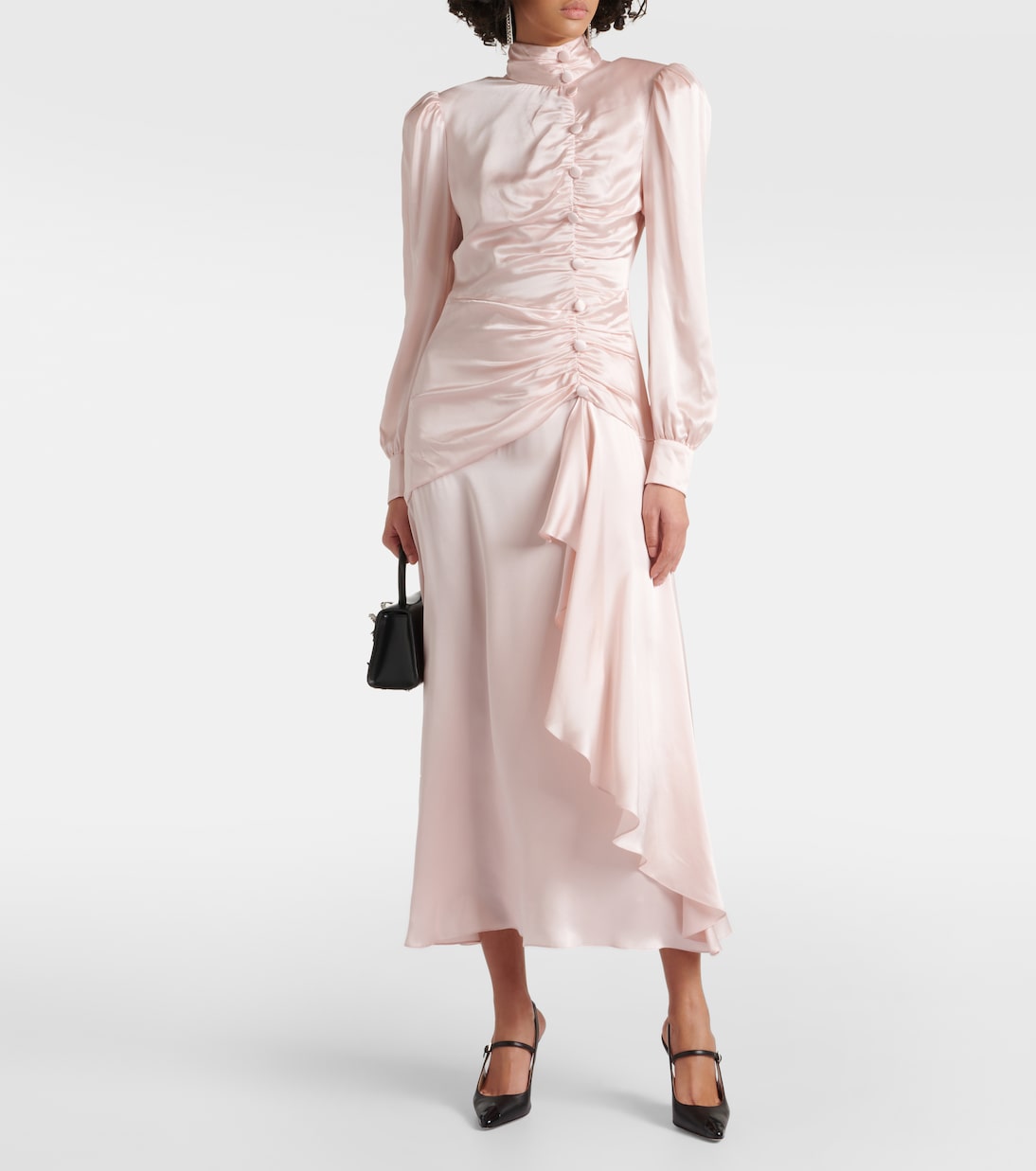 Alessandra Rich silk satin maxi dress with ruffles, pink