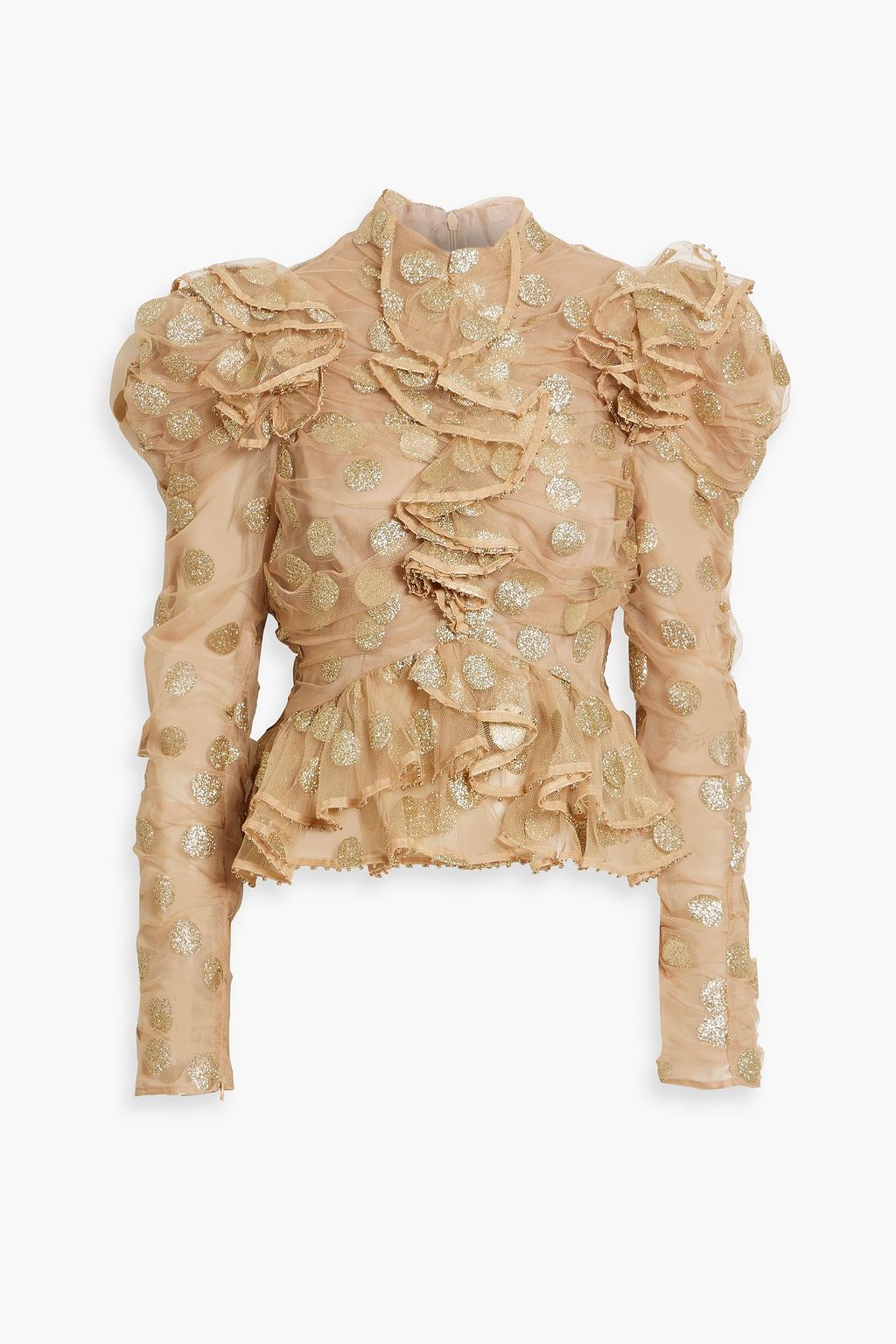 Tulle blouse with frills and sparkles with polka dots ZIMMERMANN, beige