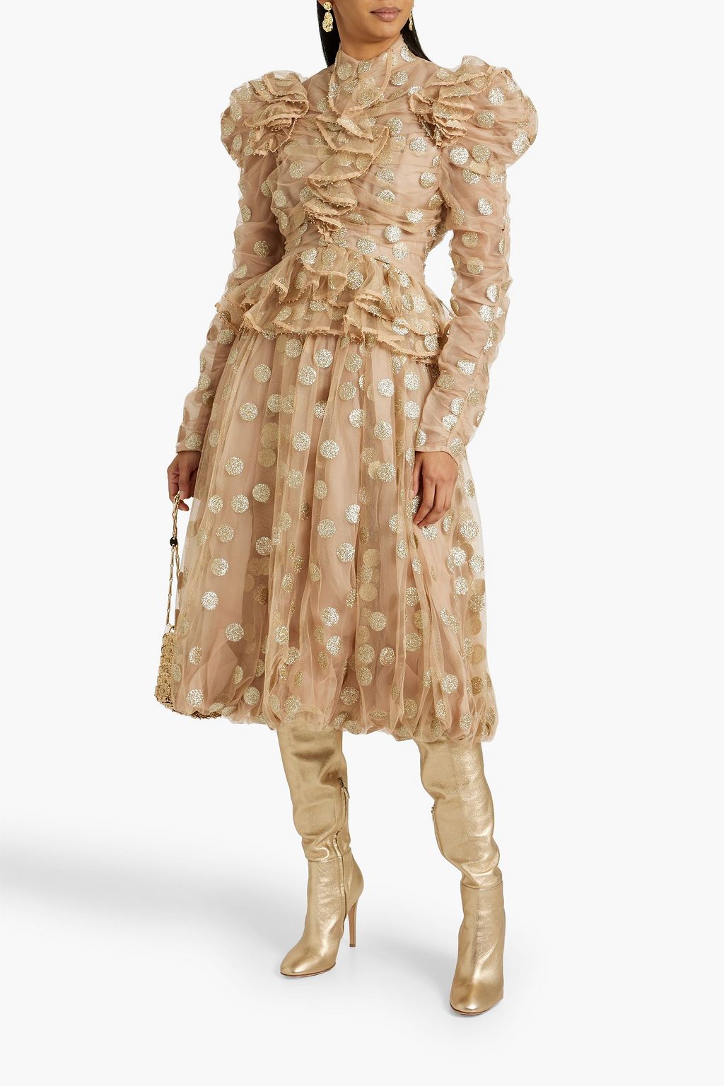 Tulle blouse with frills and sparkles with polka dots ZIMMERMANN, beige