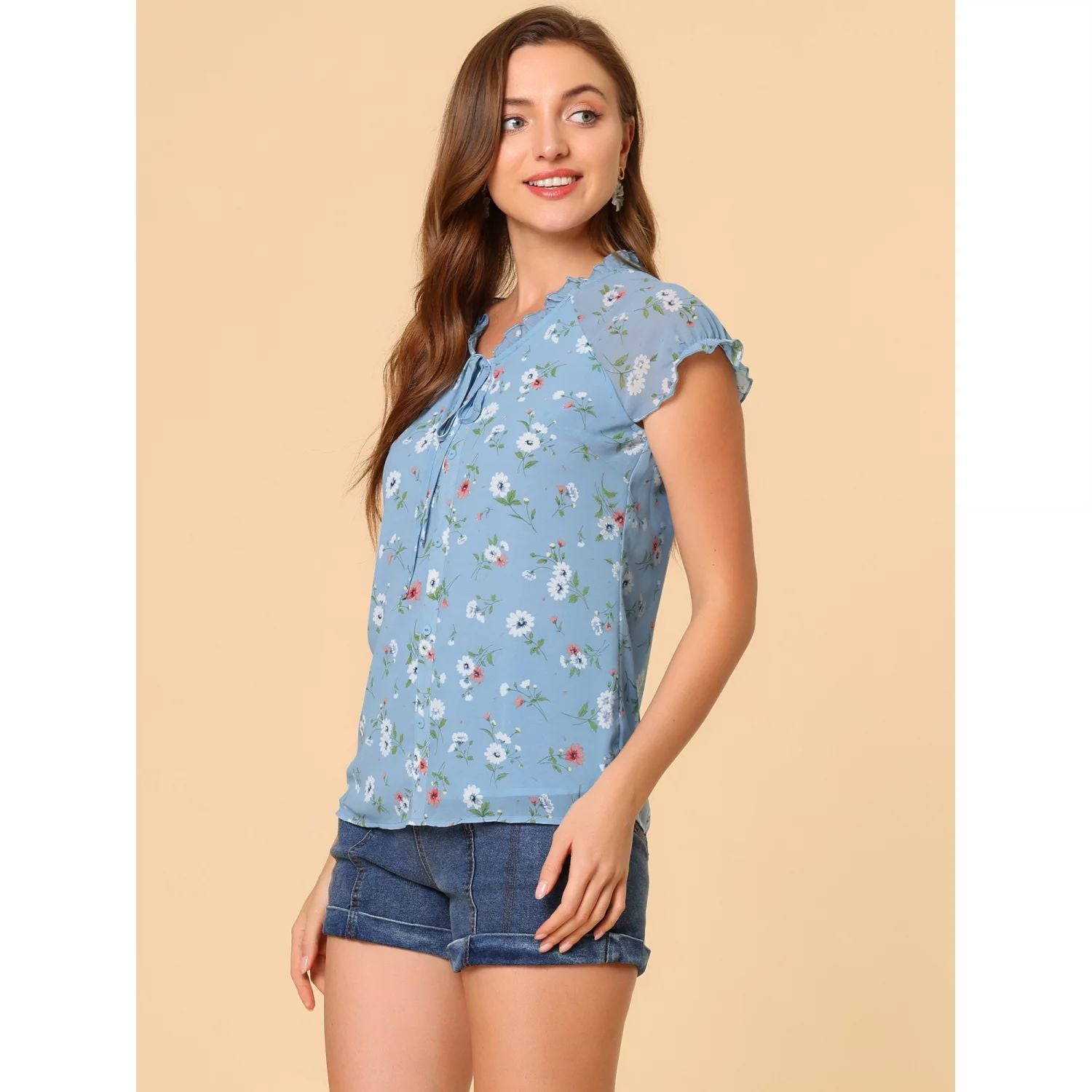 Women's blouse with V-neck, ruffles and floral print short sleeves, chiffon tops ALLEGRA K, yellow