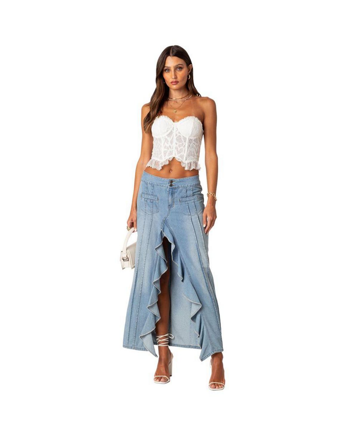 Valencia Women's Edikted Ruffle Split Denim Maxi Skirt, Blue