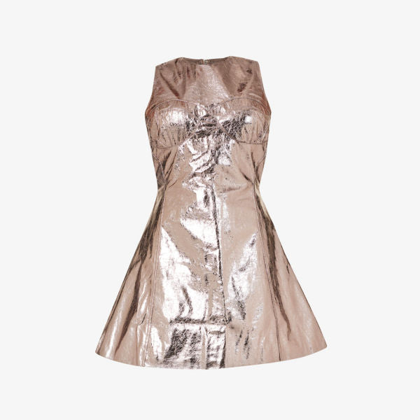 Amy Lynn Metallic Faux Leather Crew Mini Dress , bronze