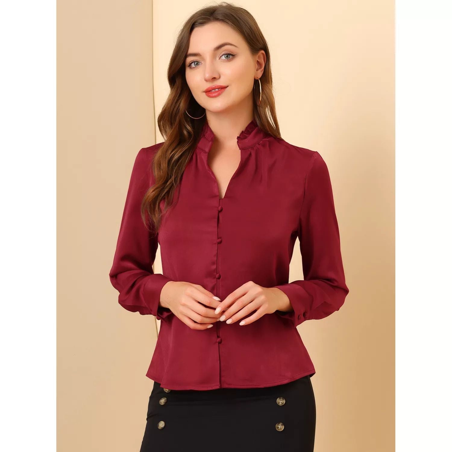 Women's shirt with stand-up collar and ruffles elegant satin blouse with long sleeves and buttons ALLEGRA K, beige