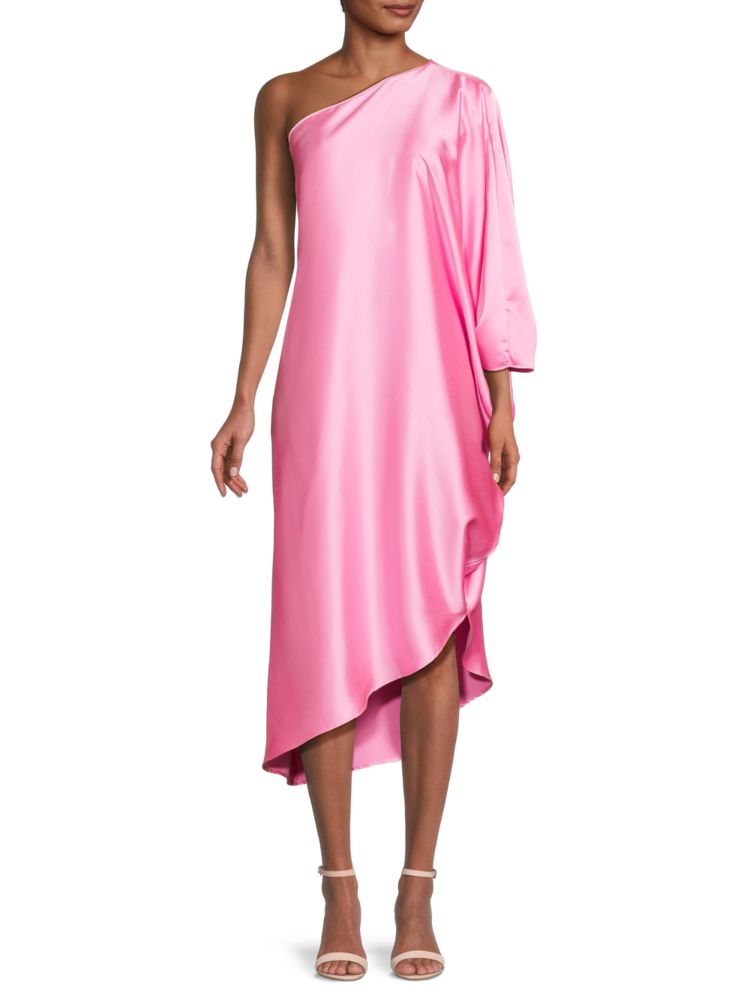 Renee C. One Shoulder Satin Midi Dress in Barbie Pink