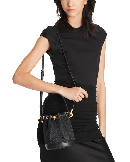 Tory Burch Mini Jacquard Monogram Bucket Bag in Black