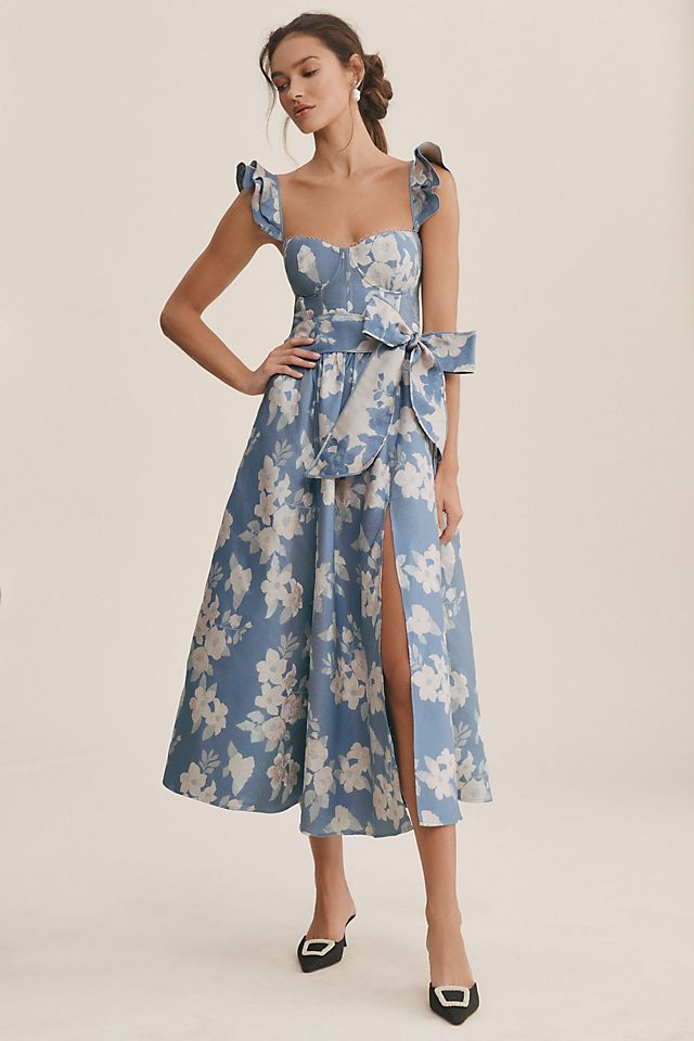 Corset midi dress with side slits and ruffles V. Chapman Vera, color dusk blue baroque floral