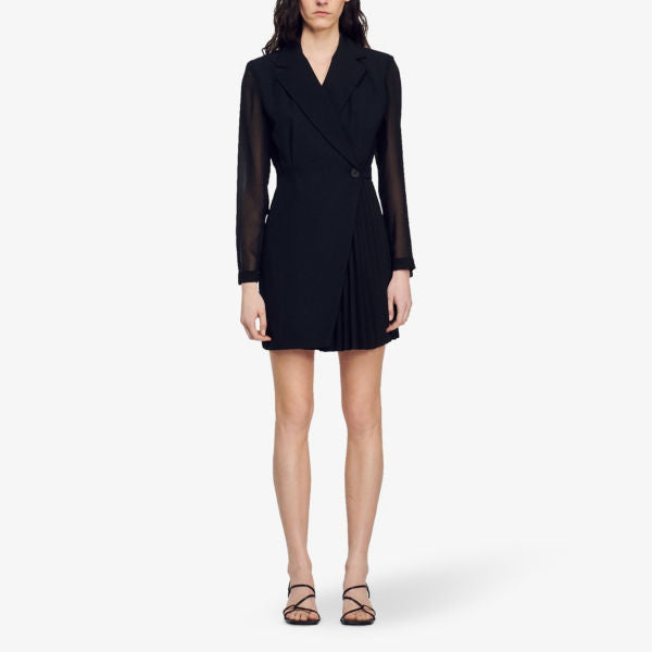 Sandro fabric and wool blend mini wrap dress in noir / gris