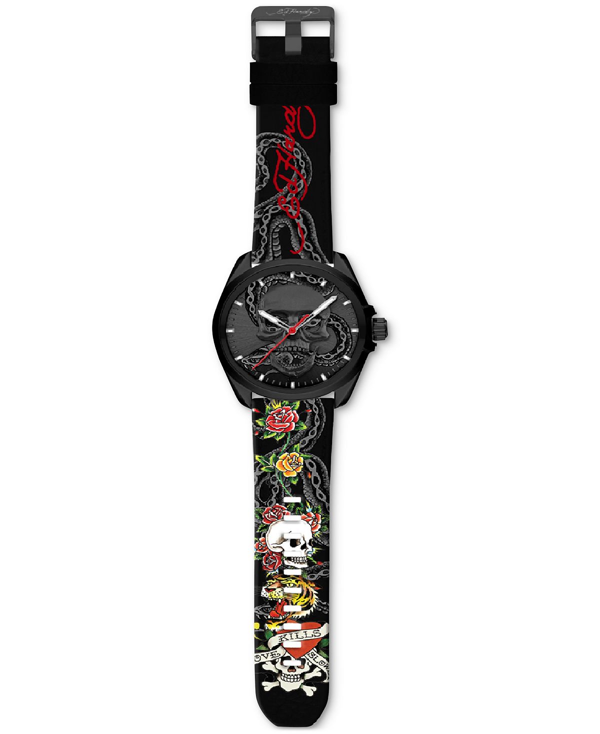 ساعة Ed Hardy للرجال مقاس 46 مم مطبوعة من السيليكون باللون الأسود