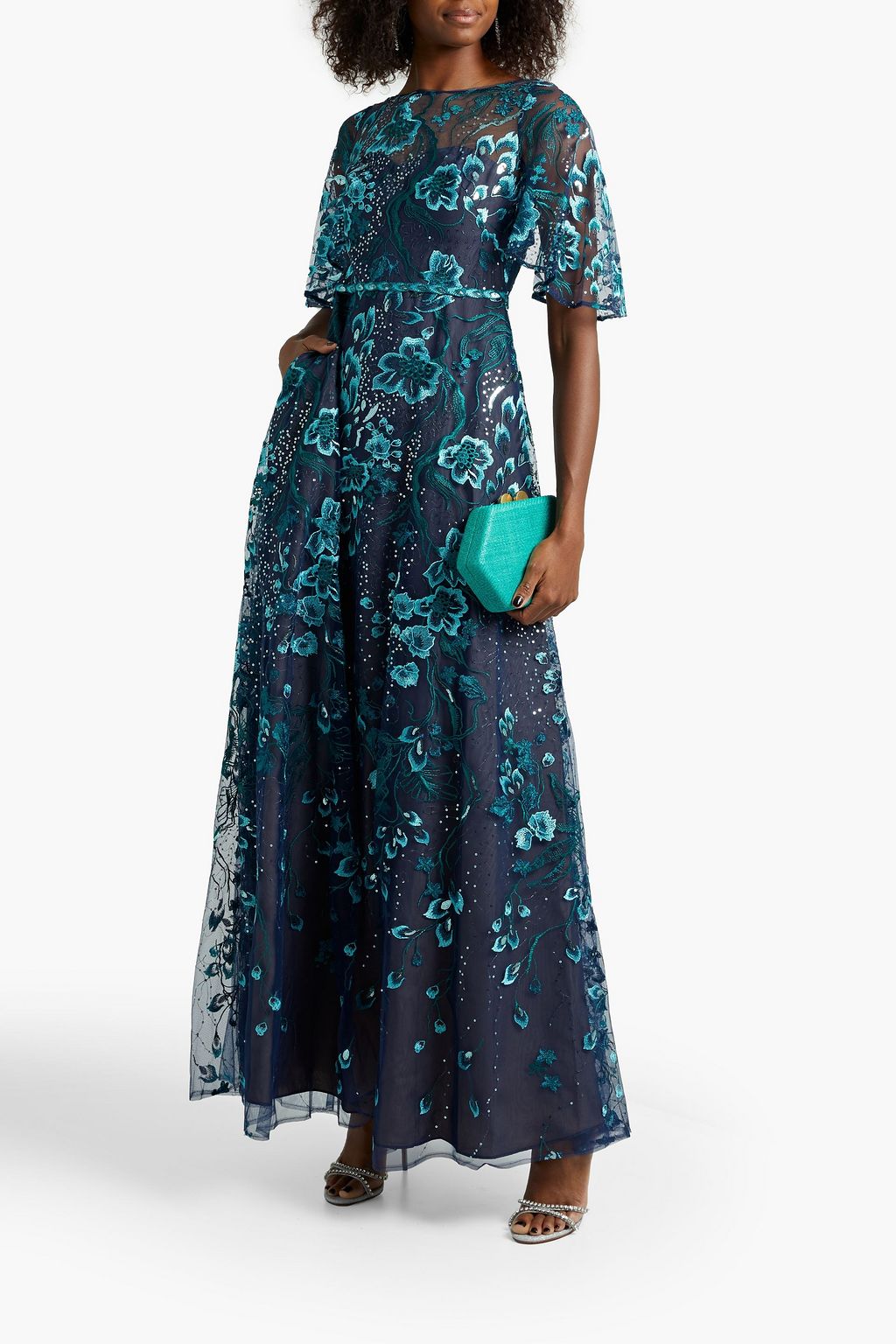 Tulle maxi dress with sequins and embroidery MARCHESA NOTTE, navi