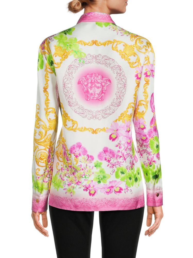 Versace Floral Silk Blouse in Black Pink