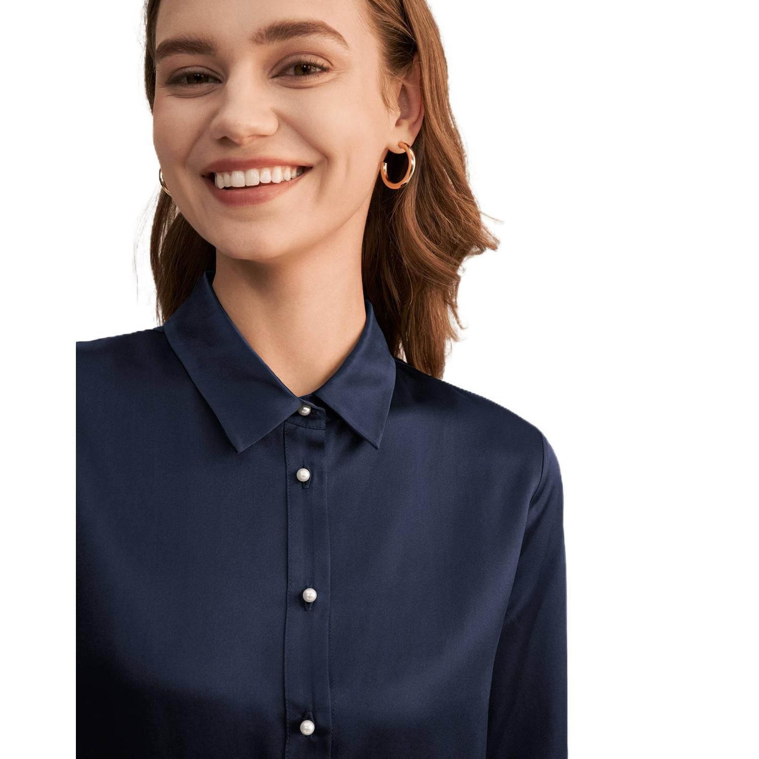 LILYSILK Women's classic silk shirt with pearl buttons Lilysilk dark blue