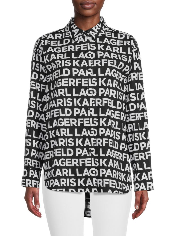 Drop Shoulder Shirt with Karl Lagerfeld Paris Logo, Black White