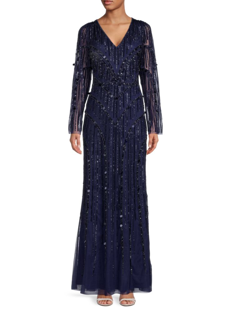 Aidan Mattox Long Sleeve Beaded Mermaid Dress, Navy