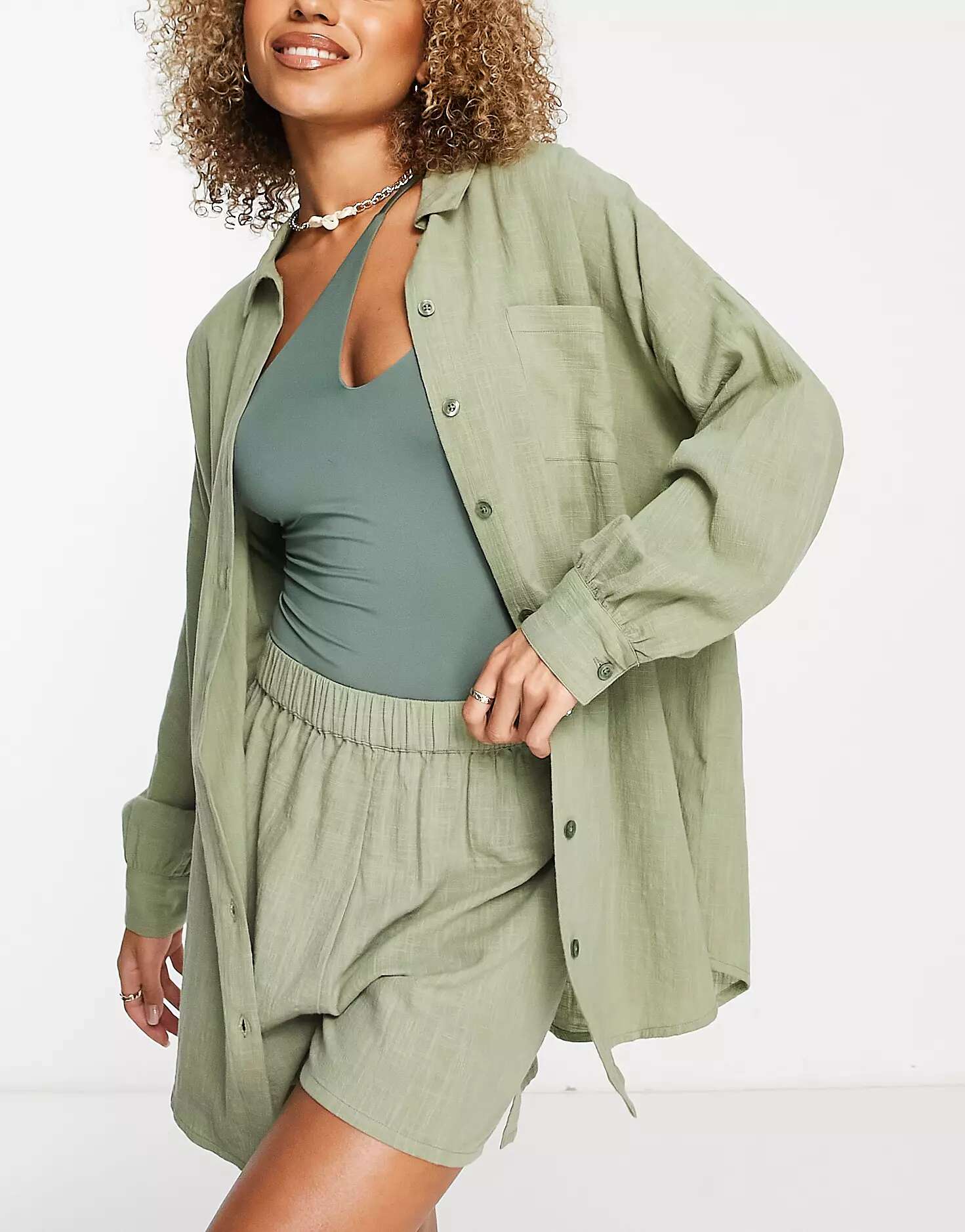 ASOS Textured Button Down Beach Shirt in Khaki Beachwear