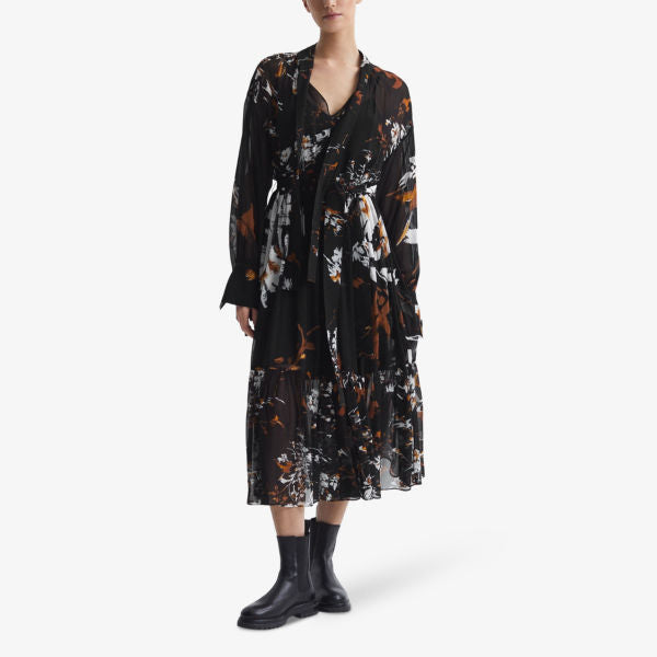 Charlotte Woven Floral Midi Dress with Reiss Belted Waist, Black