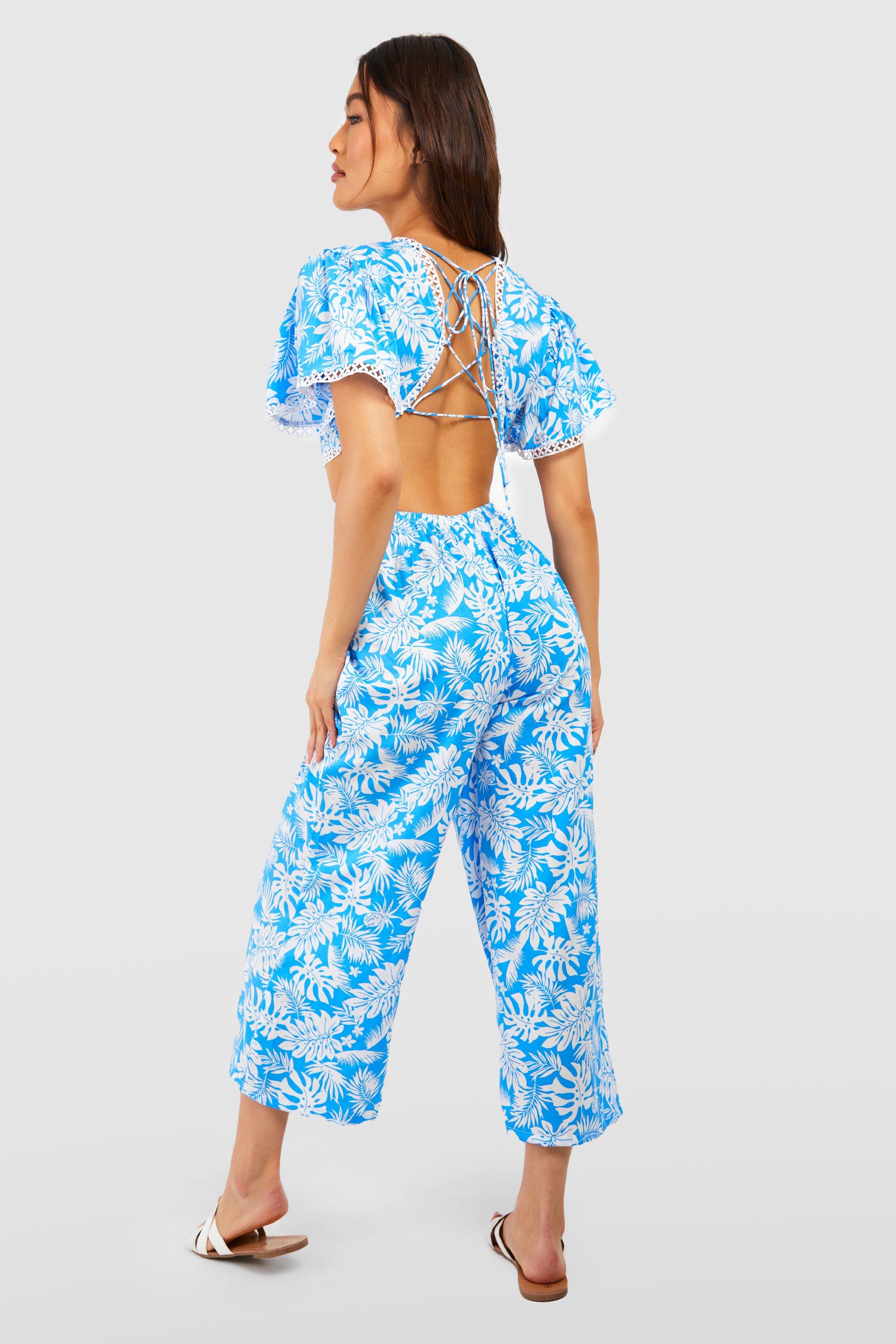 Boohoo Palm Print Cutout Jumpsuit, Blue