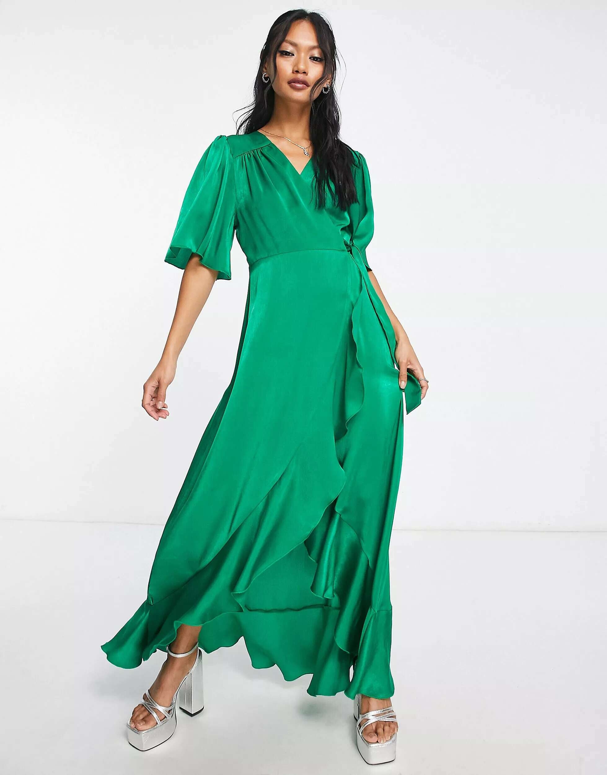 Satin Flow Sleeve Wrap Front Maxi Dress with London Flounce in Bright Green Flounce London