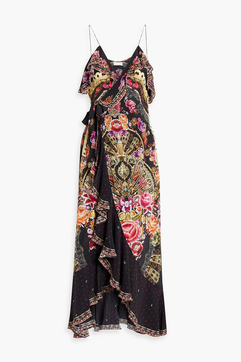 Silk crepe de Chine maxi dress with print and ruffles CAMILLA, black