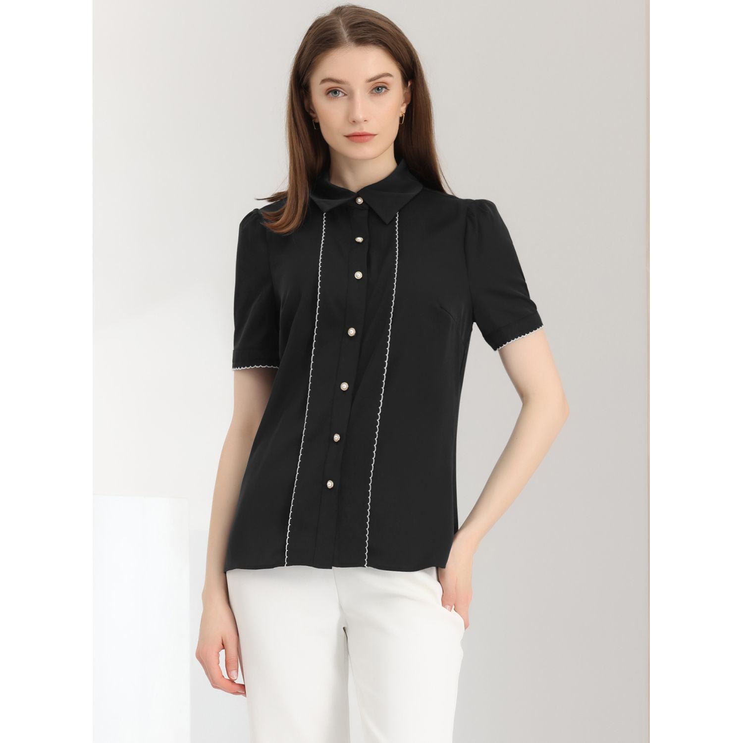 Women's collared button-down shirt with fluffy blouse with contrast trim and short sleeves ALLEGRA K ,  white