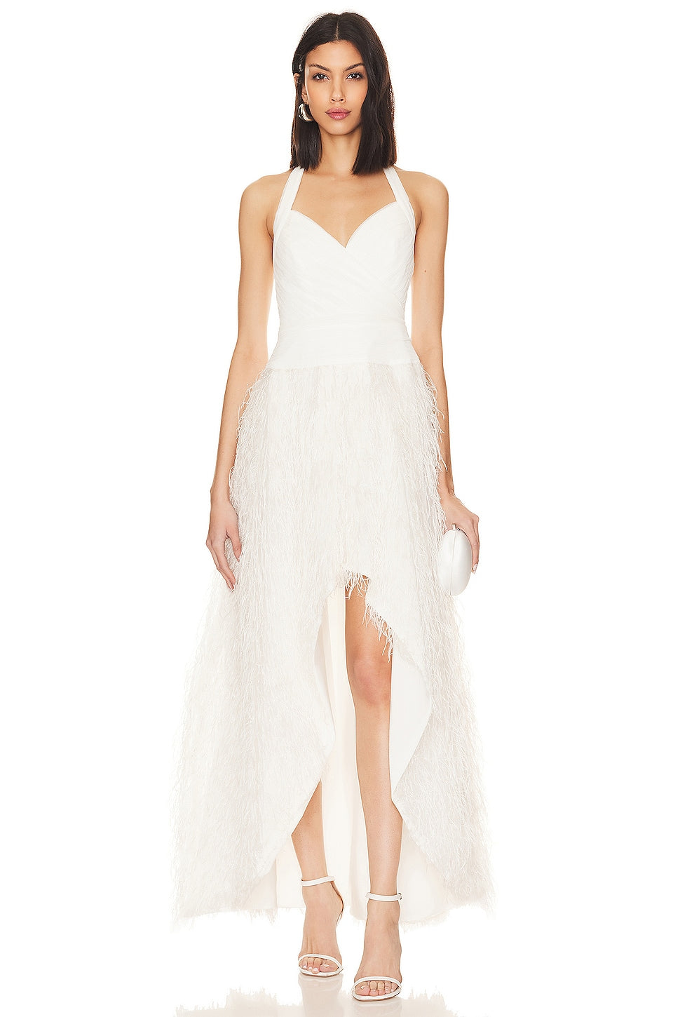 BCBGMAXAZRIA Feathered Evening dress, white