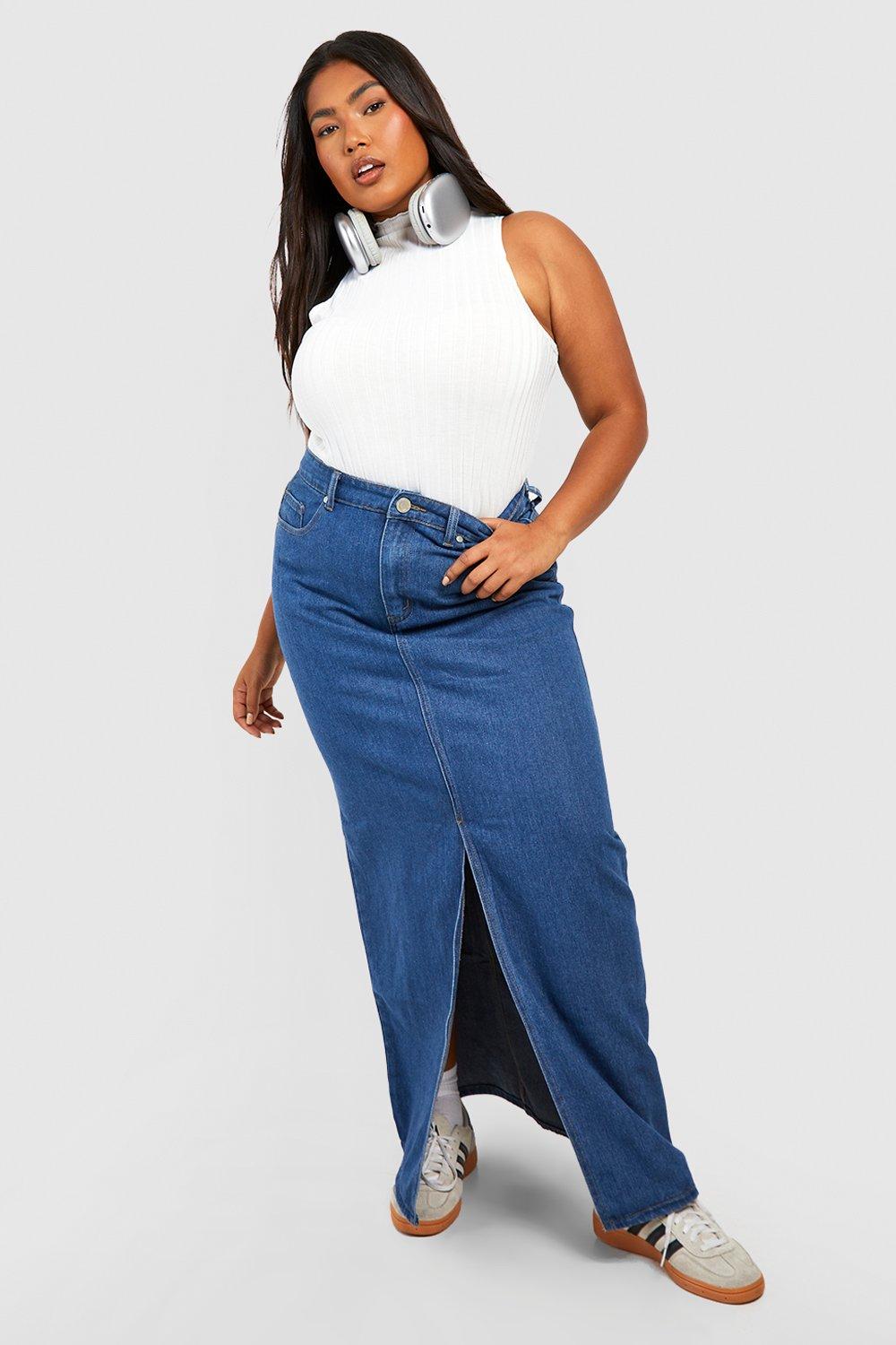 Boohoo Front Split Denim Maxi Skirt, Blue