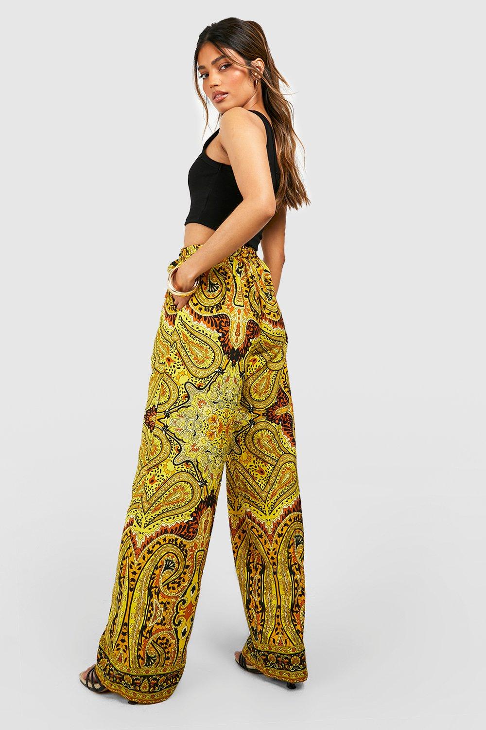 Wide leg trousers with scarf and Boohoo print, mustard