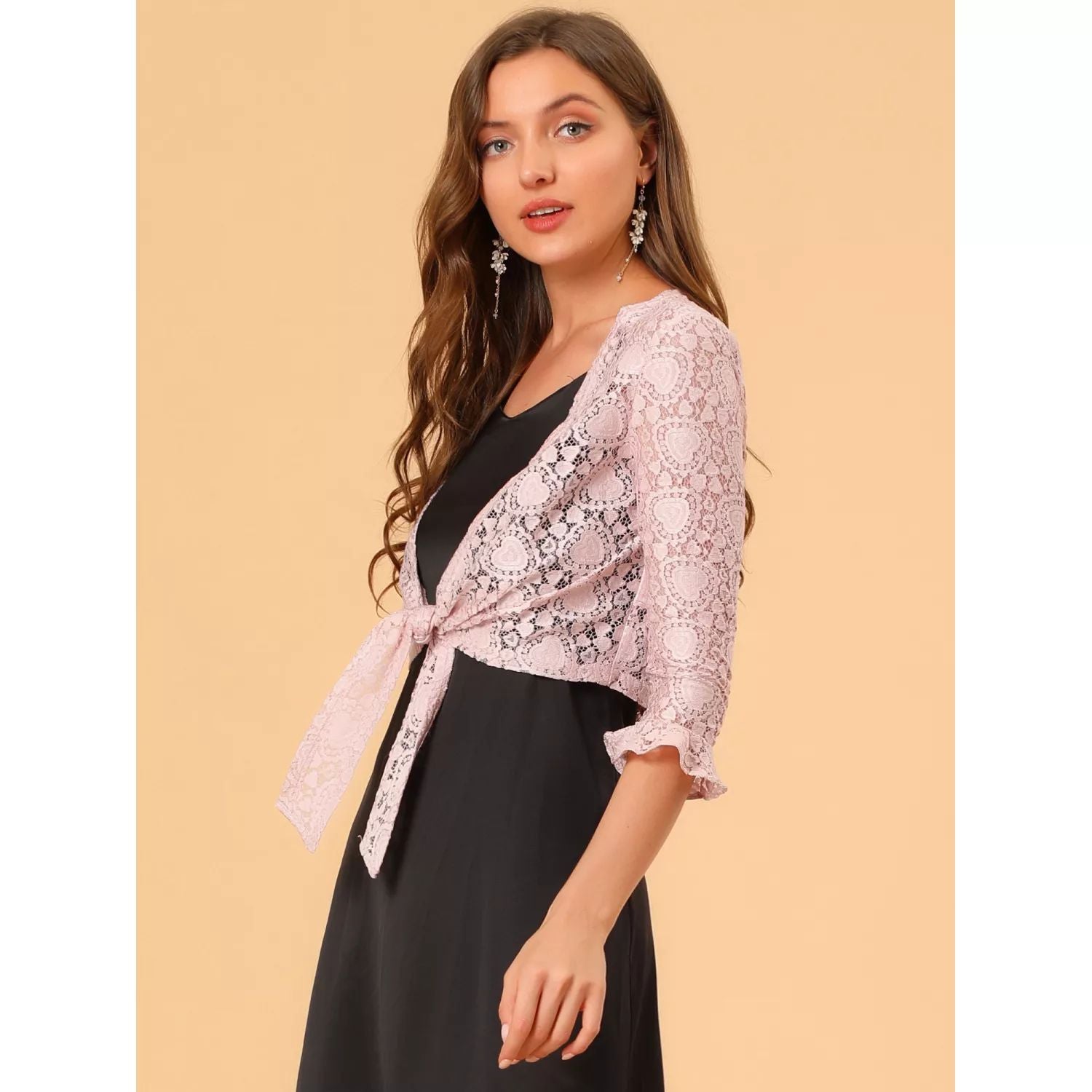 Women's elegant bolero with ruffles and 3/4 sleeves cropped lace bolero with tie front ALLEGRA K