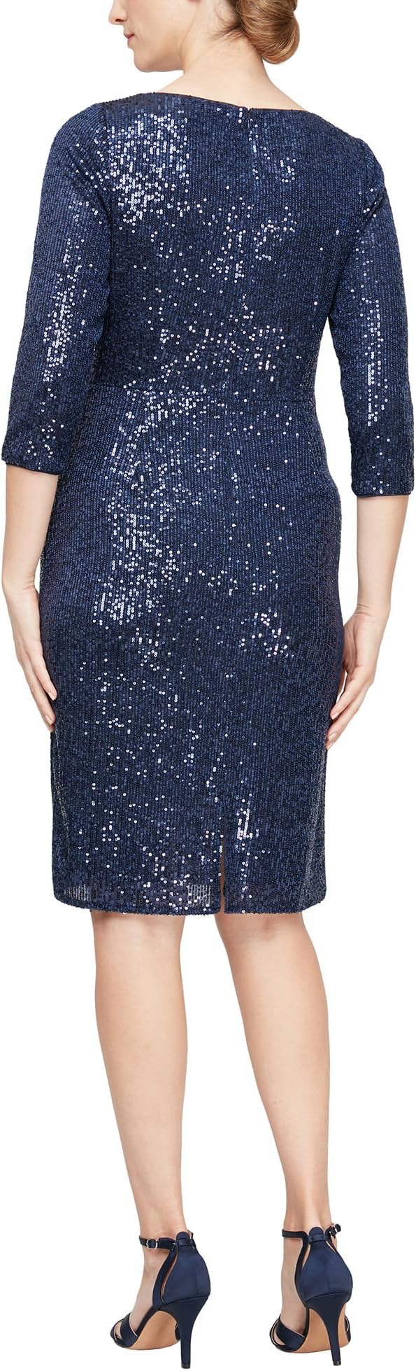 Short sequin sheath dress with tie front and 3/4 sleeves Alex Evenings dark blue