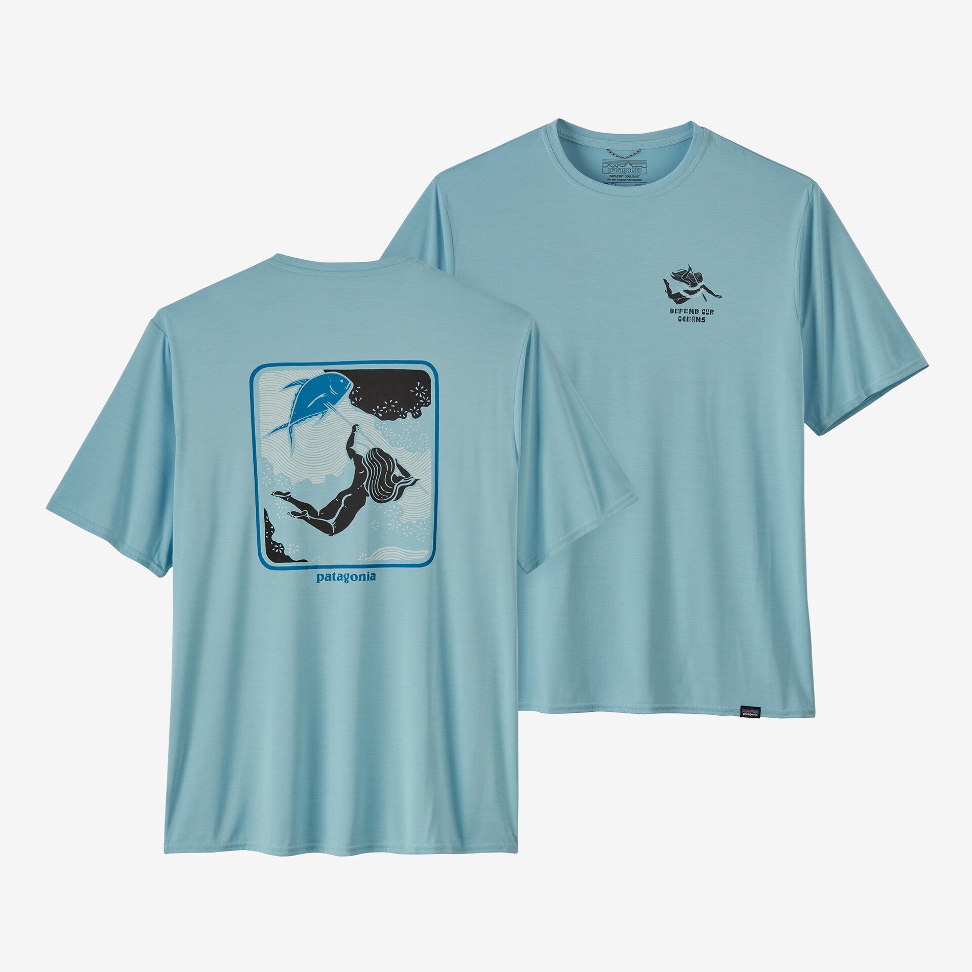 قميص كاجوال رجالي من Patagonia Capilene Cool Graphic باللون الأزرق الداكن Defend Our Oceans: Fin Blue X-Dye