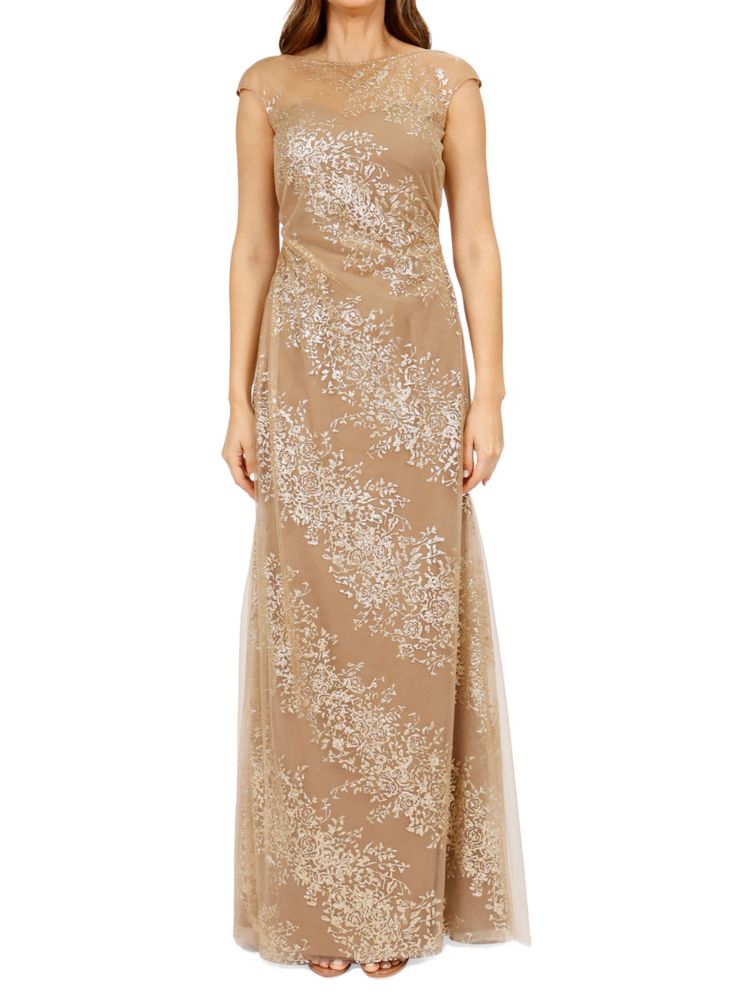 Rene Ruiz Collection sheer sparkly boat neck dress, gold