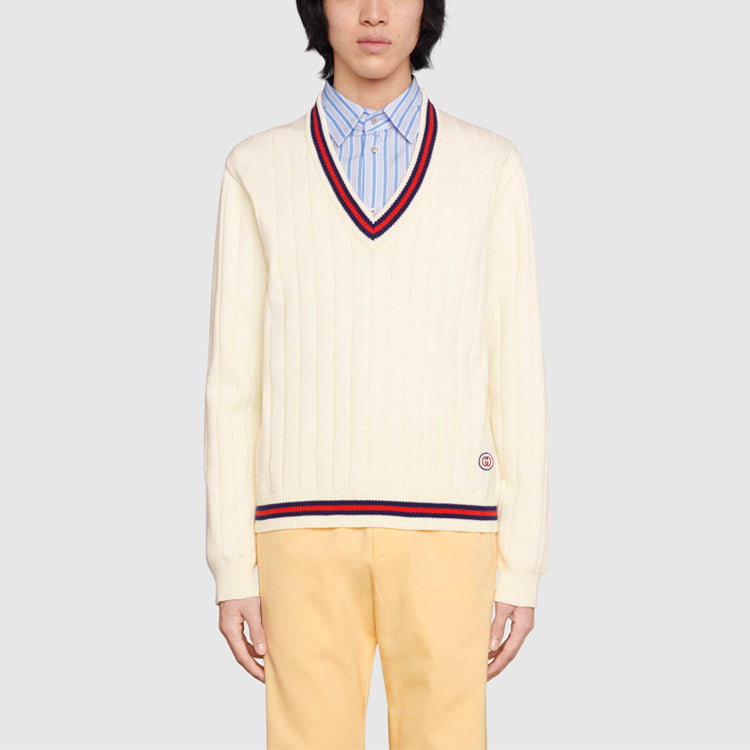 Gucci Men's V-Neck Sweater Beige/Red