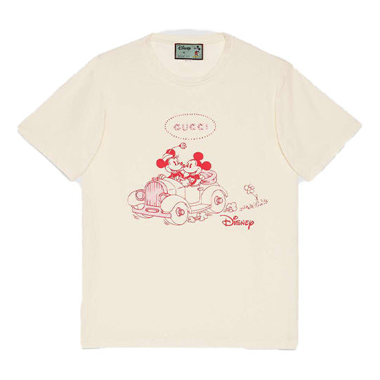 تي شيرت GUCCI x Disney Year Of The Rat Limited Mickey Printed Retro للرجال باللون البيج واللون الكريمي