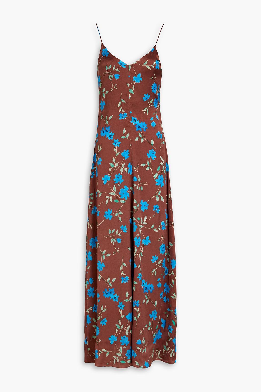 Stretch satin maxi dress with floral print GANNI, brown