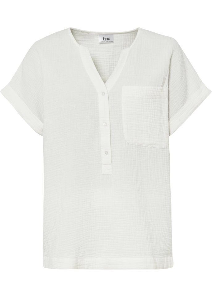 Muslin blouse with button placket and pocket Bpc Bonprix Collection, white